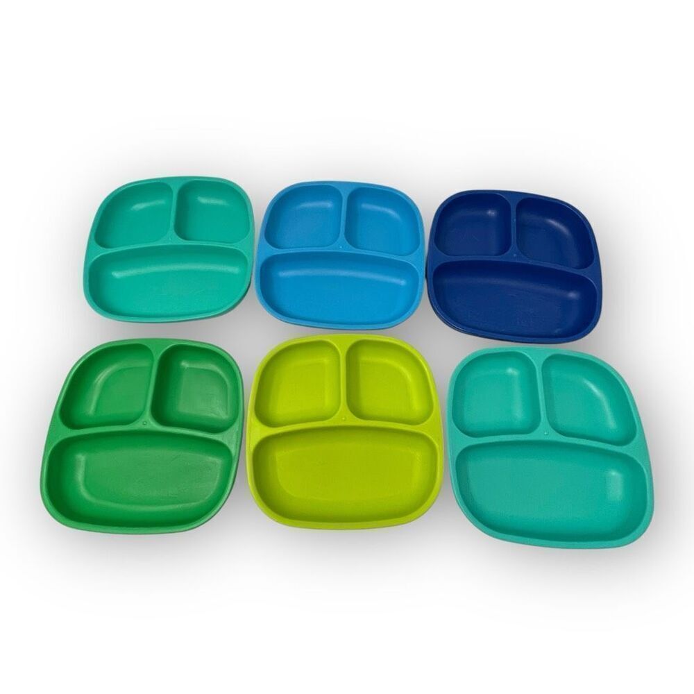 Replay Recycled Plastic Divided Plates Aqua Green Blue Teal Lot of 6 Preowned